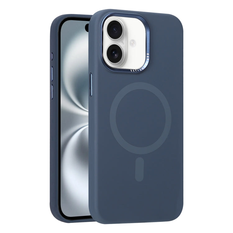 For iPhone 16 Plus Metal Lens Frame Liquid Silicone MagSafe Phone Case