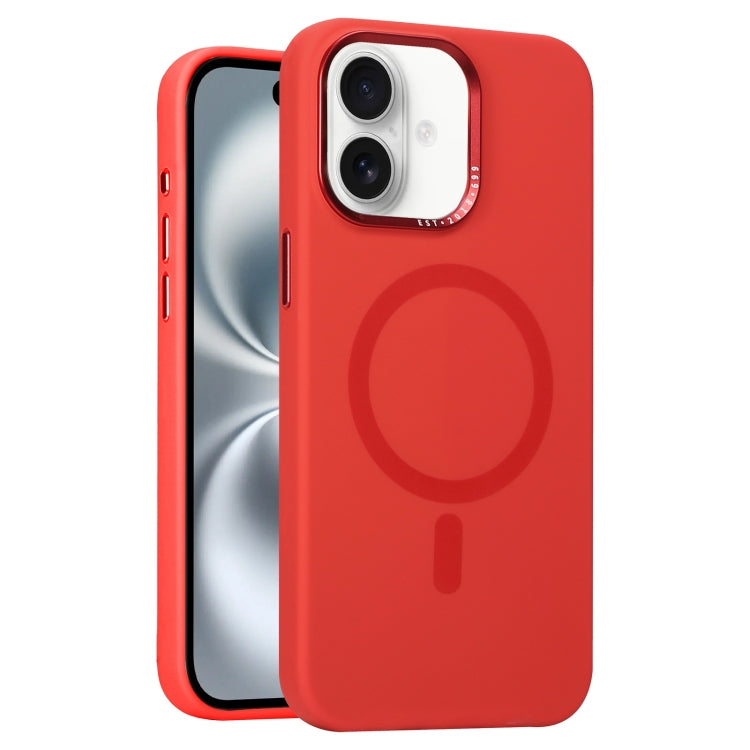 For iPhone 16 Metal Lens Frame Liquid Silicone MagSafe Phone Case