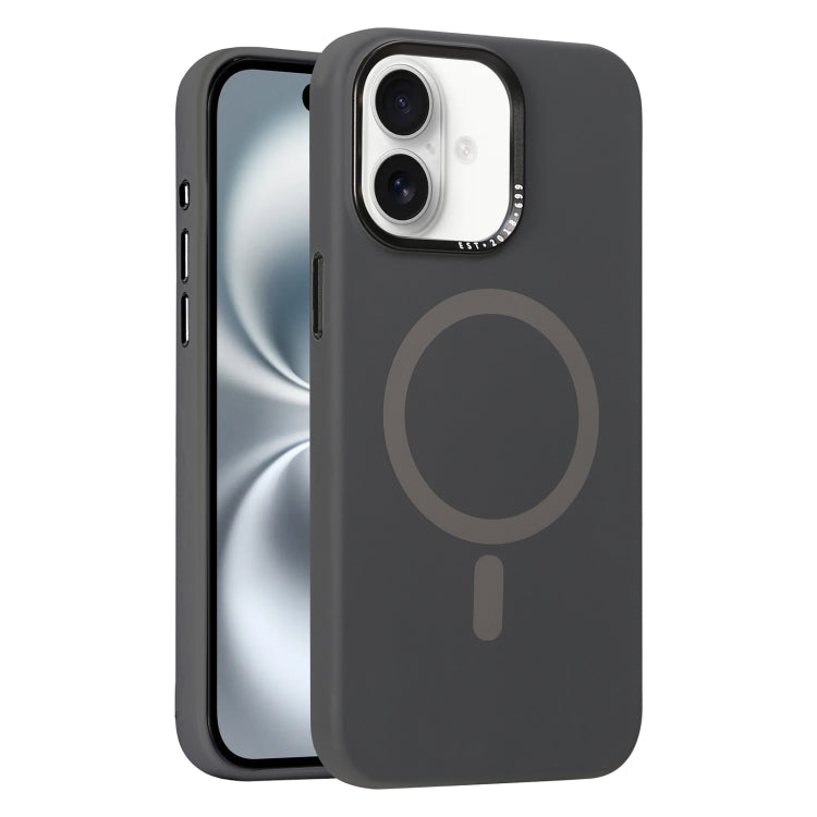 For iPhone 16 Metal Lens Frame Liquid Silicone MagSafe Phone Case