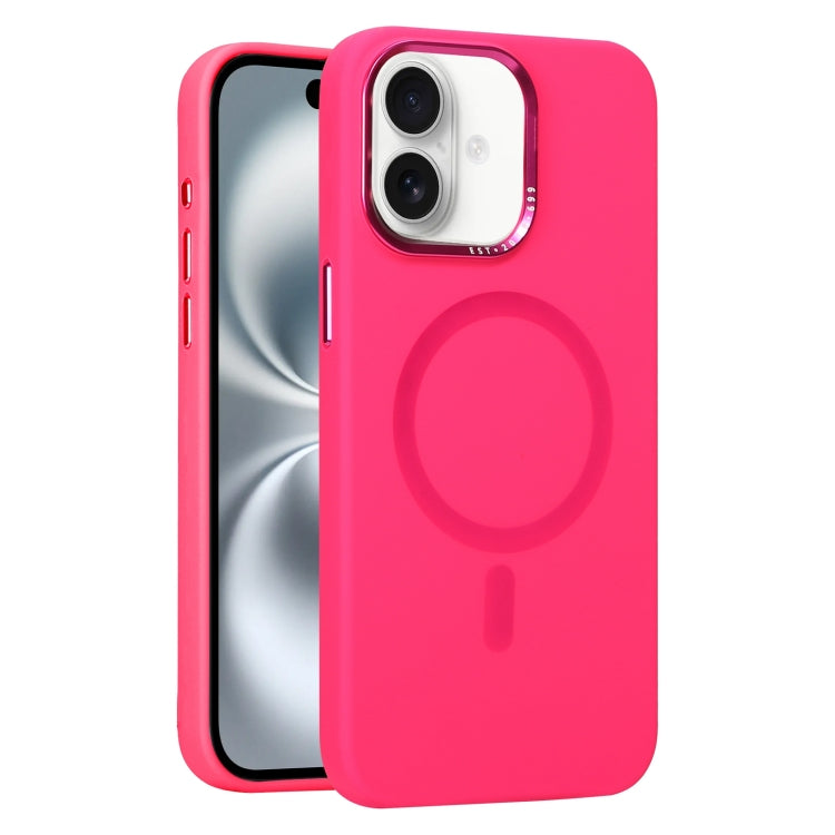 For iPhone 16 Metal Lens Frame Liquid Silicone MagSafe Phone Case