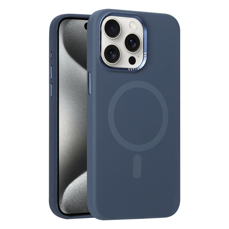 For iPhone 15 Pro Max Metal Lens Frame Liquid Silicone MagSafe Phone Case