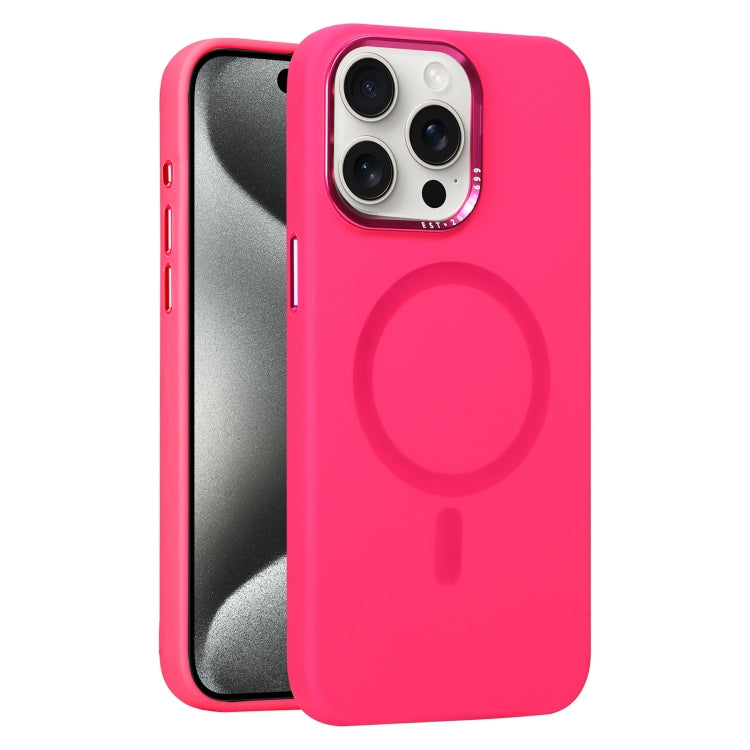 For iPhone 15 Pro Max Metal Lens Frame Liquid Silicone MagSafe Phone Case