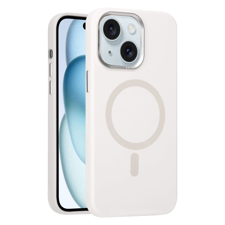 For iPhone 15 Metal Lens Frame Liquid Silicone MagSafe Phone Case