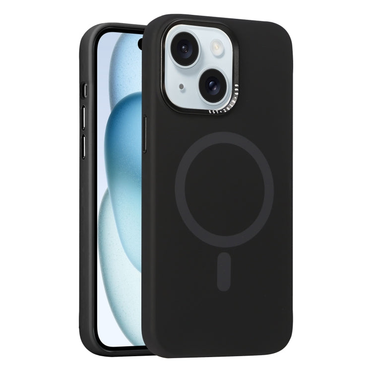 For iPhone 15 Metal Lens Frame Liquid Silicone MagSafe Phone Case