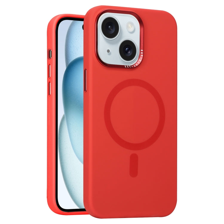 For iPhone 15 Metal Lens Frame Liquid Silicone MagSafe Phone Case