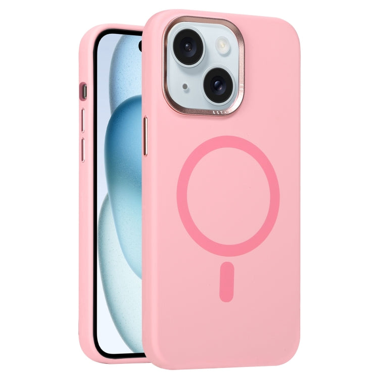 For iPhone 15 Metal Lens Frame Liquid Silicone MagSafe Phone Case