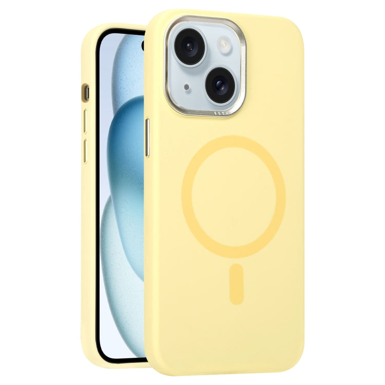 For iPhone 15 Metal Lens Frame Liquid Silicone MagSafe Phone Case