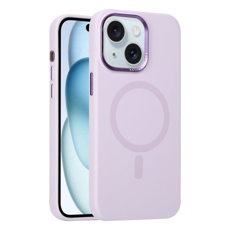 For iPhone 15 Metal Lens Frame Liquid Silicone MagSafe Phone Case
