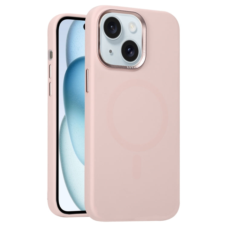 For iPhone 15 Metal Lens Frame Liquid Silicone MagSafe Phone Case