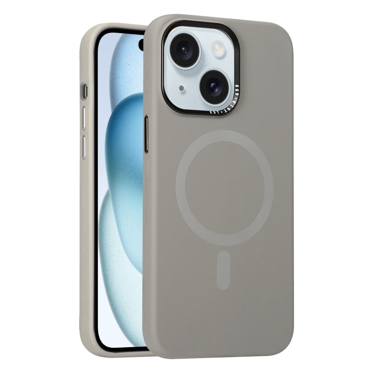 For iPhone 15 Metal Lens Frame Liquid Silicone MagSafe Phone Case