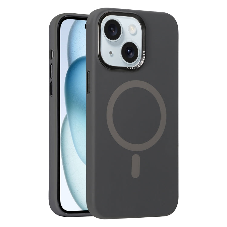 For iPhone 15 Metal Lens Frame Liquid Silicone MagSafe Phone Case