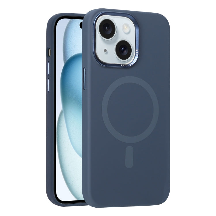 For iPhone 15 Metal Lens Frame Liquid Silicone MagSafe Phone Case