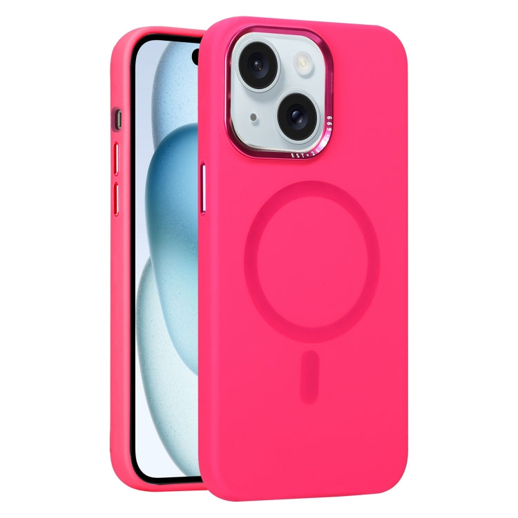 For iPhone 15 Metal Lens Frame Liquid Silicone MagSafe Phone Case