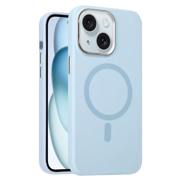 For iPhone 15 Metal Lens Frame Liquid Silicone MagSafe Phone Case