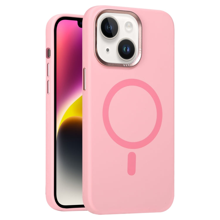 For iPhone 14 Metal Lens Frame Liquid Silicone MagSafe Phone Case
