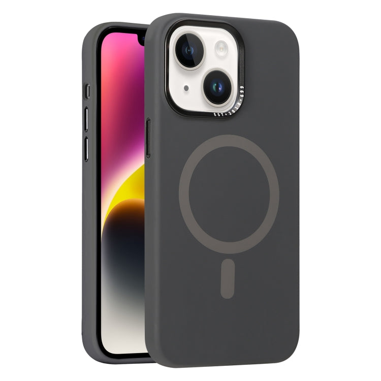 For iPhone 14 Metal Lens Frame Liquid Silicone MagSafe Phone Case