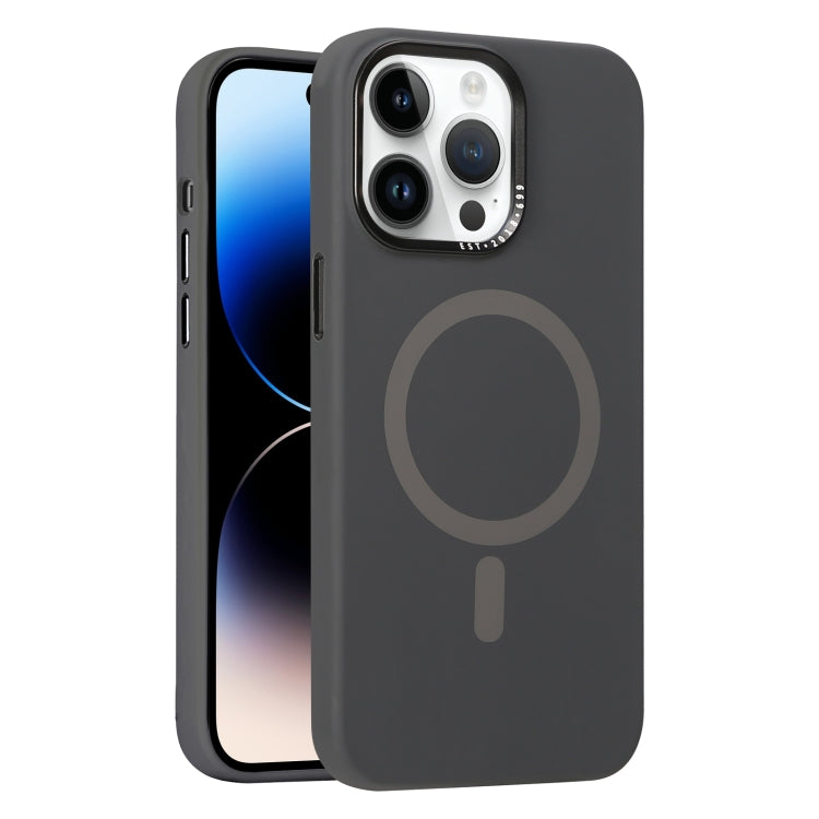 For iPhone 14 Pro Metal Lens Frame Liquid Silicone MagSafe Phone Case