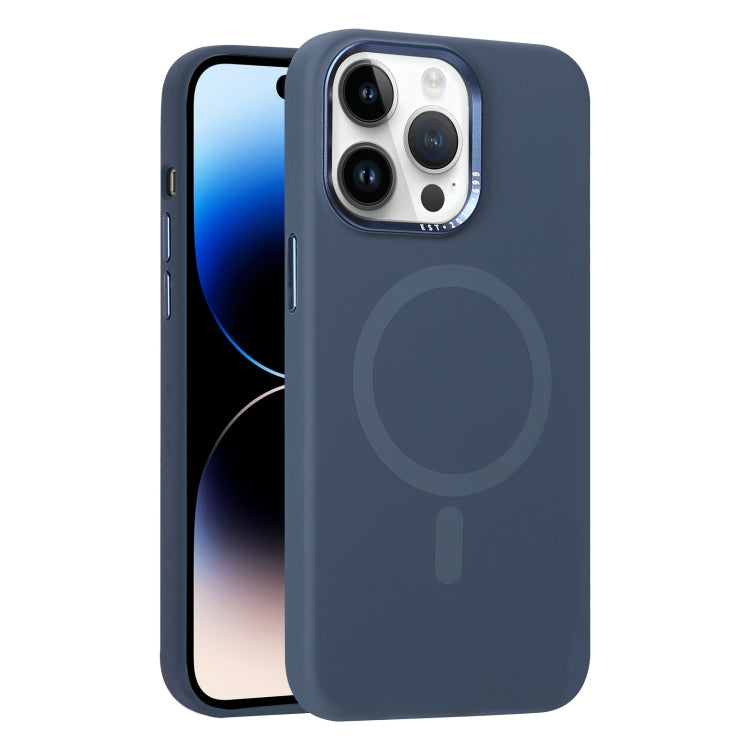 For iPhone 14 Pro Metal Lens Frame Liquid Silicone MagSafe Phone Case
