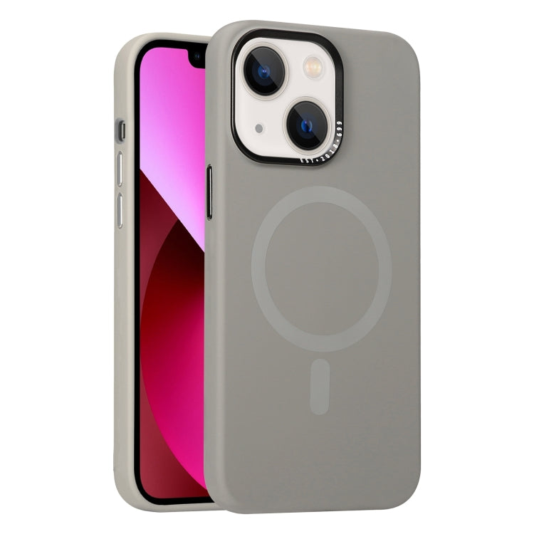 For iPhone 13 Metal Lens Frame Liquid Silicone MagSafe Phone Case