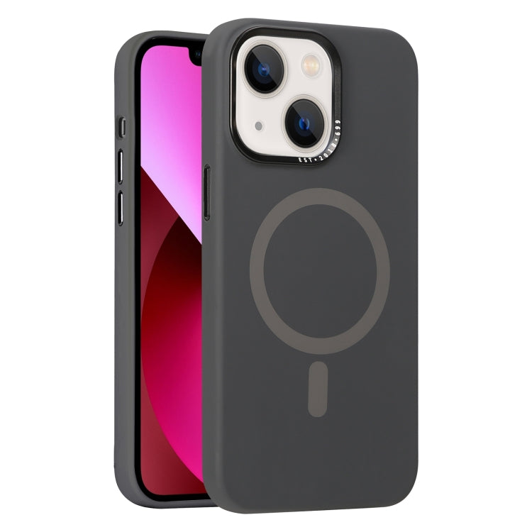 For iPhone 13 Metal Lens Frame Liquid Silicone MagSafe Phone Case