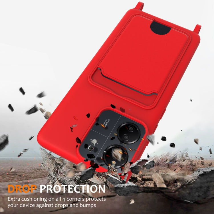 For Redmi 13C 4G / 5G / 13R 5G Integrated Card Bag Solid Color Liquid Silicone Phone Case with Lanyard