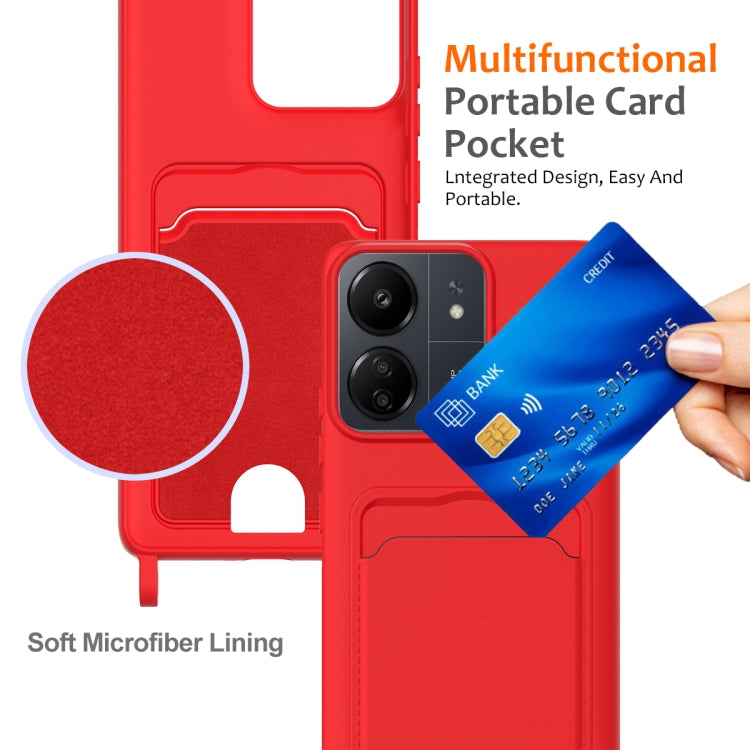 For Redmi 13C 4G / 5G / 13R 5G Integrated Card Bag Solid Color Liquid Silicone Phone Case with Lanyard