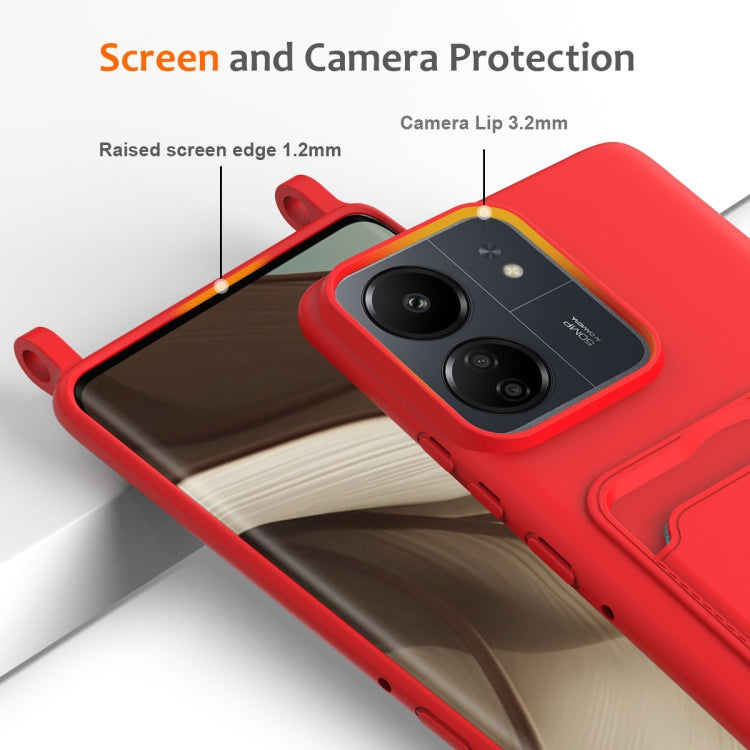 For Redmi 13C 4G / 5G / 13R 5G Integrated Card Bag Solid Color Liquid Silicone Phone Case with Lanyard