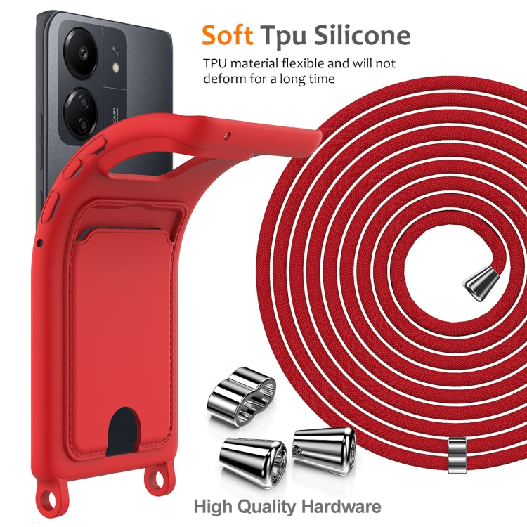 For Redmi 13C 4G / 5G / 13R 5G Integrated Card Bag Solid Color Liquid Silicone Phone Case with Lanyard