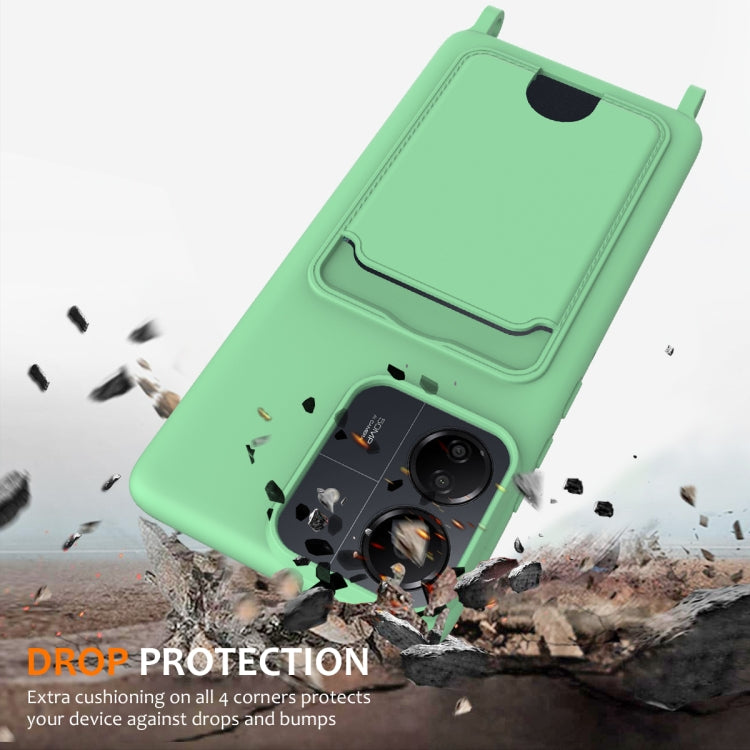 For Redmi 13C 4G / 5G / 13R 5G Integrated Card Bag Solid Color Liquid Silicone Phone Case with Lanyard