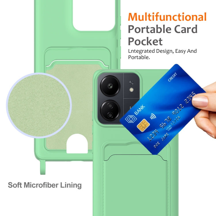 For Redmi 13C 4G / 5G / 13R 5G Integrated Card Bag Solid Color Liquid Silicone Phone Case with Lanyard