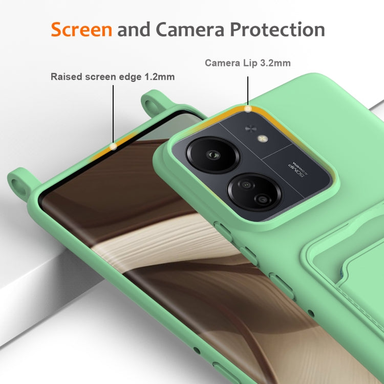 For Redmi 13C 4G / 5G / 13R 5G Integrated Card Bag Solid Color Liquid Silicone Phone Case with Lanyard