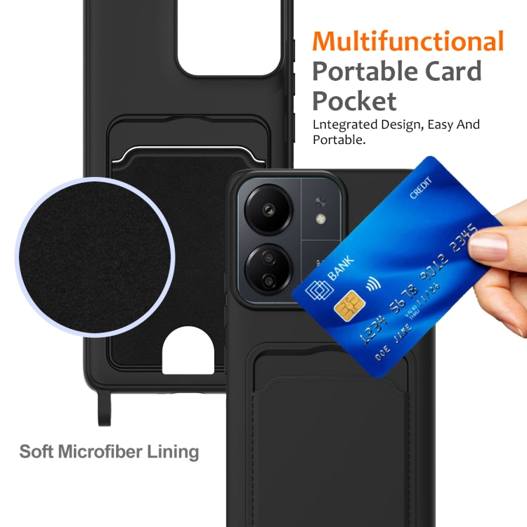 For Redmi 13C 4G / 5G / 13R 5G Integrated Card Bag Solid Color Liquid Silicone Phone Case with Lanyard