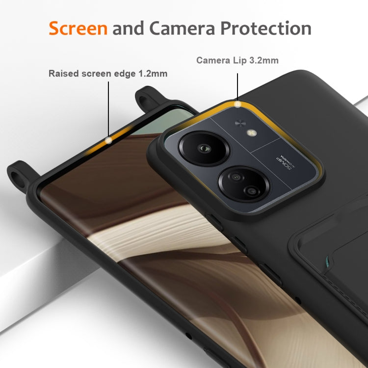 For Redmi 13C 4G / 5G / 13R 5G Integrated Card Bag Solid Color Liquid Silicone Phone Case with Lanyard