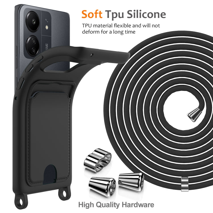 For Redmi 13C 4G / 5G / 13R 5G Integrated Card Bag Solid Color Liquid Silicone Phone Case with Lanyard