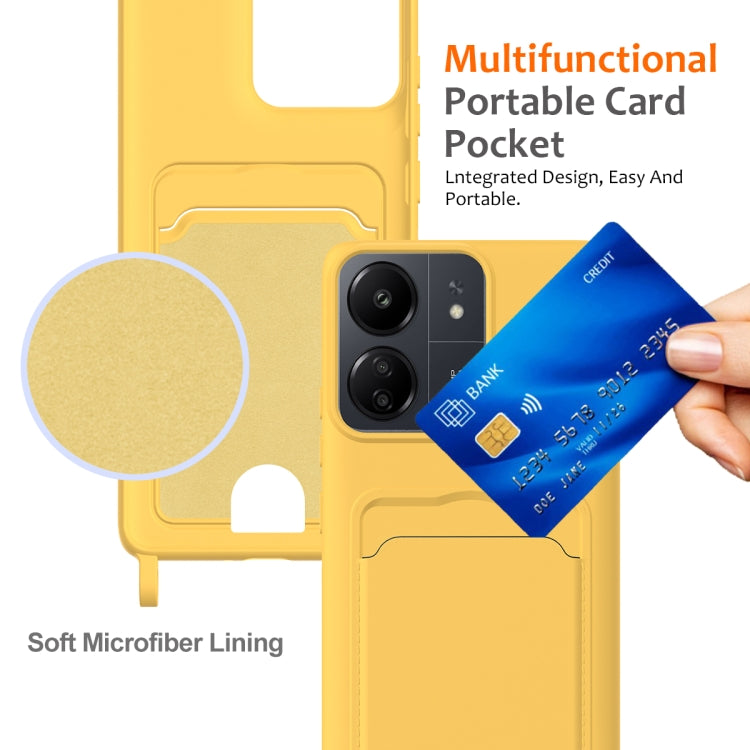 For Redmi 13C 4G / 5G / 13R 5G Integrated Card Bag Solid Color Liquid Silicone Phone Case with Lanyard