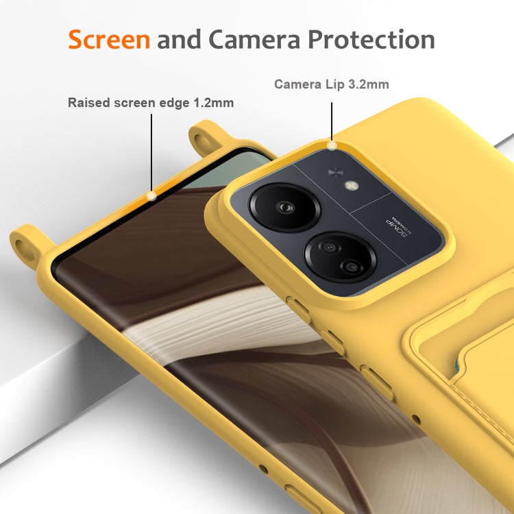For Redmi 13C 4G / 5G / 13R 5G Integrated Card Bag Solid Color Liquid Silicone Phone Case with Lanyard