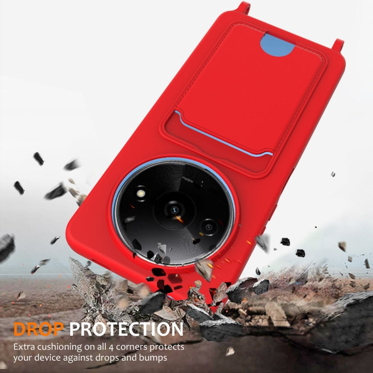 For Redmi A3 / A3x / Xiaomi Poco C61 Integrated Card Bag Solid Color Liquid Silicone Phone Case with Lanyard