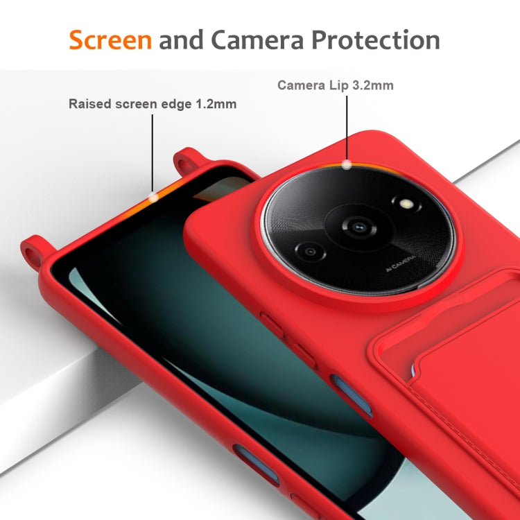 For Redmi A3 / A3x / Xiaomi Poco C61 Integrated Card Bag Solid Color Liquid Silicone Phone Case with Lanyard