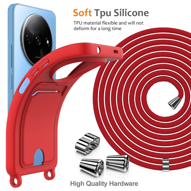 For Redmi A3 / A3x / Xiaomi Poco C61 Integrated Card Bag Solid Color Liquid Silicone Phone Case with Lanyard
