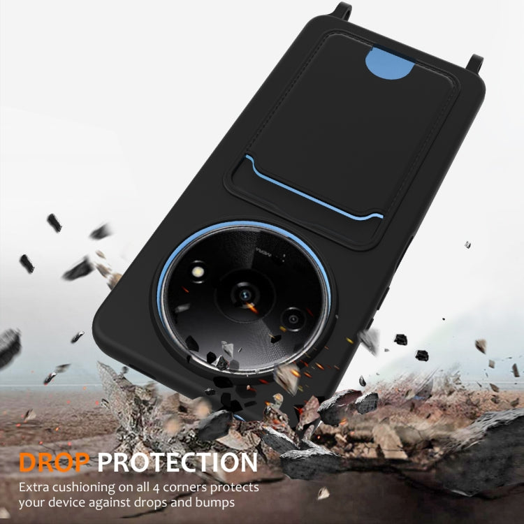 For Redmi A3 / A3x / Xiaomi Poco C61 Integrated Card Bag Solid Color Liquid Silicone Phone Case with Lanyard