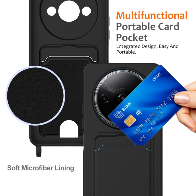 For Redmi A3 / A3x / Xiaomi Poco C61 Integrated Card Bag Solid Color Liquid Silicone Phone Case with Lanyard