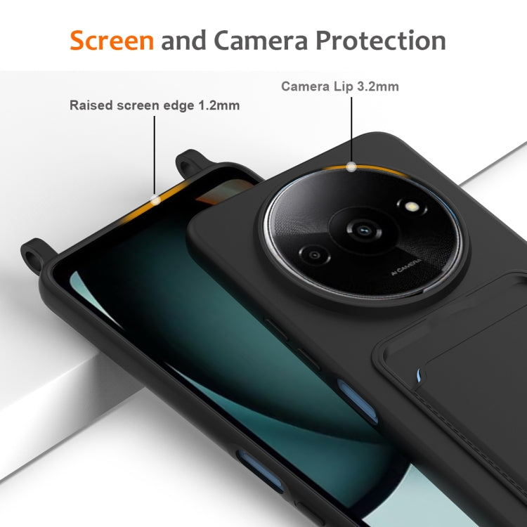 For Redmi A3 / A3x / Xiaomi Poco C61 Integrated Card Bag Solid Color Liquid Silicone Phone Case with Lanyard