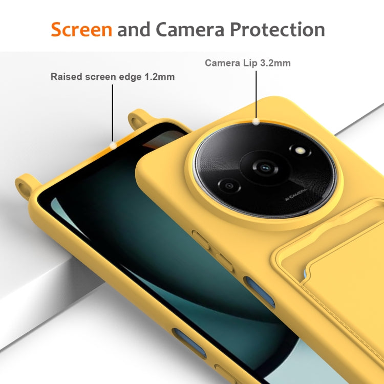 For Redmi A3 / A3x / Xiaomi Poco C61 Integrated Card Bag Solid Color Liquid Silicone Phone Case with Lanyard