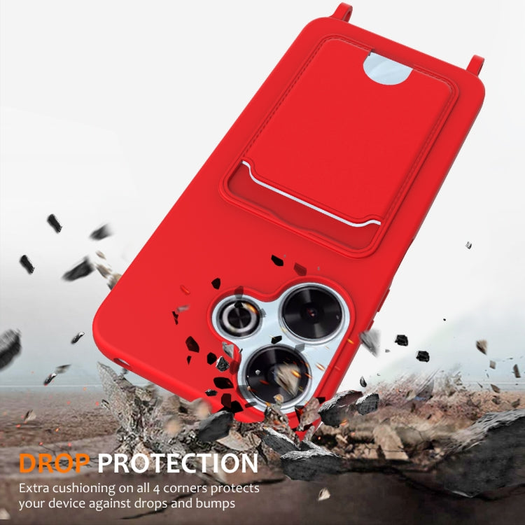 For Redmi 13 4G / 5G / Note 13R 5G Integrated Card Bag Solid Color Liquid Silicone Phone Case with Lanyard