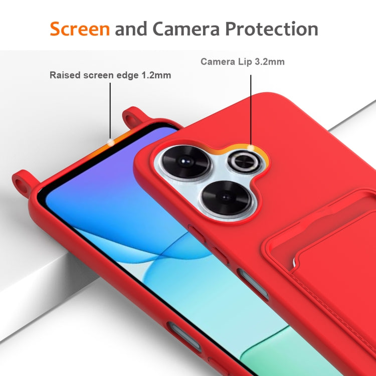 For Redmi 13 4G / 5G / Note 13R 5G Integrated Card Bag Solid Color Liquid Silicone Phone Case with Lanyard