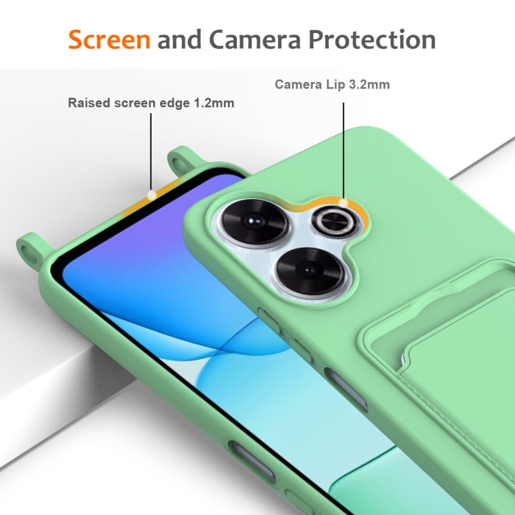 For Redmi 13 4G / 5G / Note 13R 5G Integrated Card Bag Solid Color Liquid Silicone Phone Case with Lanyard
