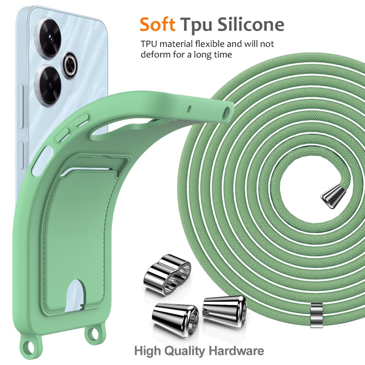 For Redmi 13 4G / 5G / Note 13R 5G Integrated Card Bag Solid Color Liquid Silicone Phone Case with Lanyard