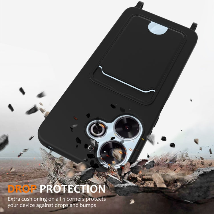 For Redmi 13 4G / 5G / Note 13R 5G Integrated Card Bag Solid Color Liquid Silicone Phone Case with Lanyard