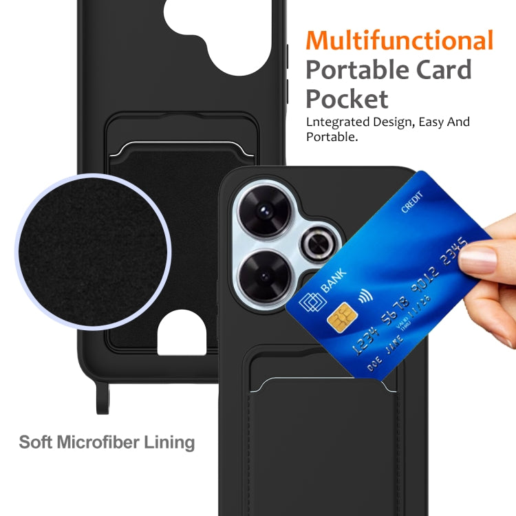 For Redmi 13 4G / 5G / Note 13R 5G Integrated Card Bag Solid Color Liquid Silicone Phone Case with Lanyard