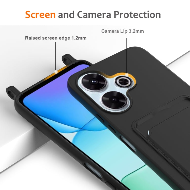 For Redmi 13 4G / 5G / Note 13R 5G Integrated Card Bag Solid Color Liquid Silicone Phone Case with Lanyard